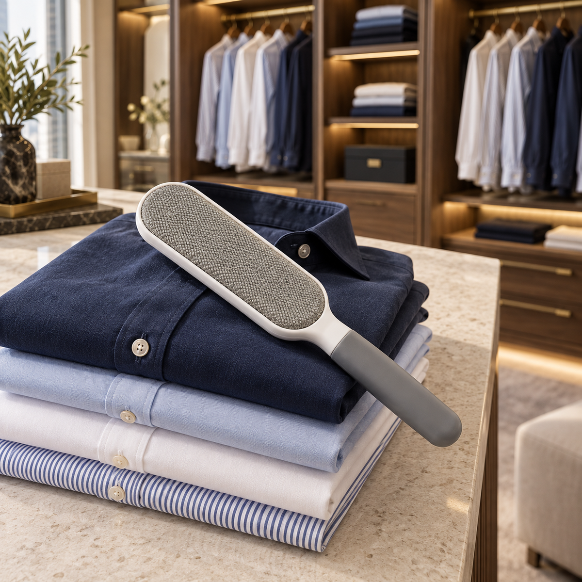 Lissaire Lint Remover Brush resting on a stack of folded shirts in a wardrobe