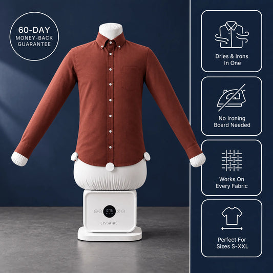 Lissaire Automatic Ironing Machine 2.0 drying and smoothing a rust-red button-down shirt on its inflatable shirt attachment, with a 60-day money-back guarantee badge.