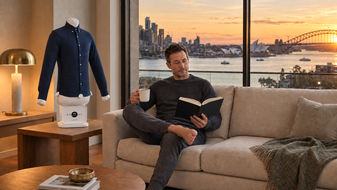 A shirt on the Lissaire Automatic Ironing Machine while a man reads on the sofa