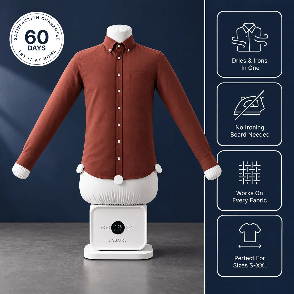 Lissaire automatic ironing machine pressing a rust-red button-down shirt, with a 60-day satisfaction guarantee badge and icons for dries and irons in one, no ironing board needed, works on every fabric, and fits sizes S to XXL