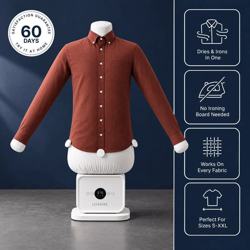 Lissaire automatic ironing machine pressing a rust-red button-down shirt, with a 60-day satisfaction guarantee badge and icons for dries and irons in one, no ironing board needed, works on every fabric, and fits sizes S to XXL