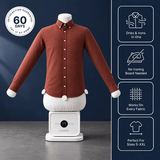 Lissaire automatic ironing machine pressing a rust-red button-down shirt, with a 60-day satisfaction guarantee badge and icons for dries and irons in one, no ironing board needed, works on every fabric, and fits sizes S to XXL