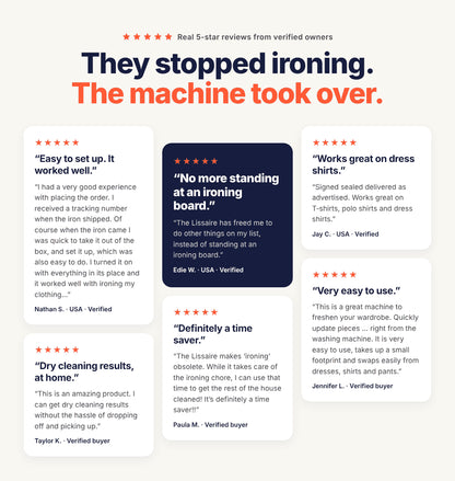 Six five-star Lissaire owner reviews, including verified US buyers, saying the automatic ironing machine is easy to set up, works great on dress shirts, gives dry-cleaning results at home and frees them from standing at an ironing board.