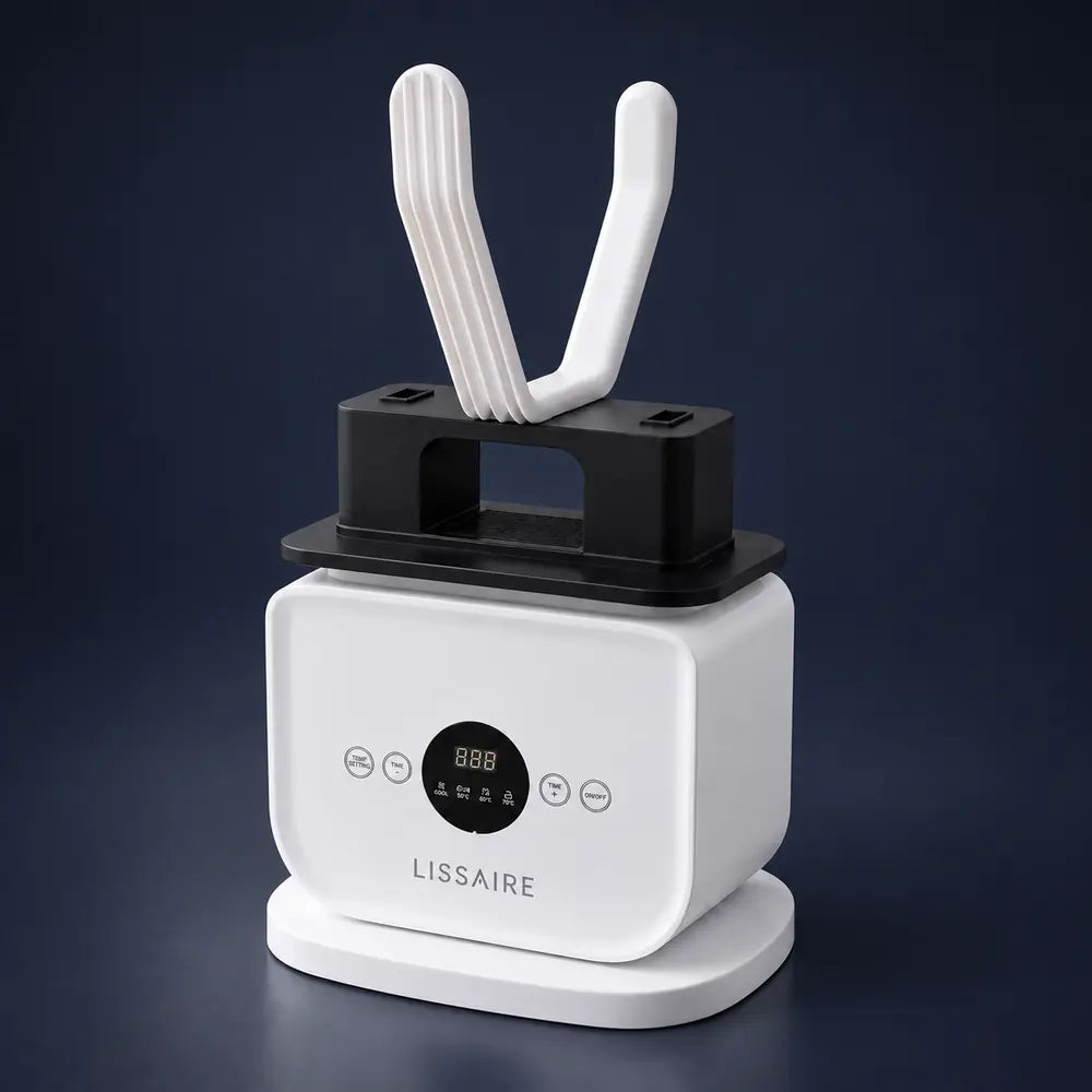 Lissaire shoe attachment, a white V-shaped shoe dryer fitted on top of the Lissaire base unit